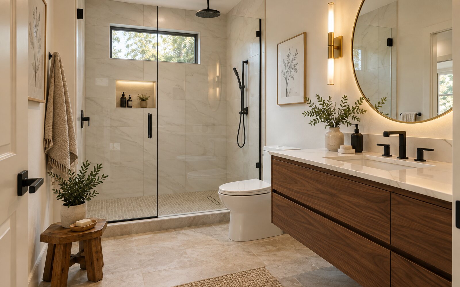 Warm stone bathroom with a glass shower and floating walnut vanity